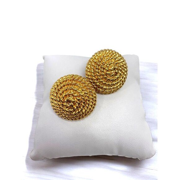 Monet Vintage 1970's Electroplated Gold Alloy Spiral Button Earrings Clip-On 1" - Picture 1 of 11